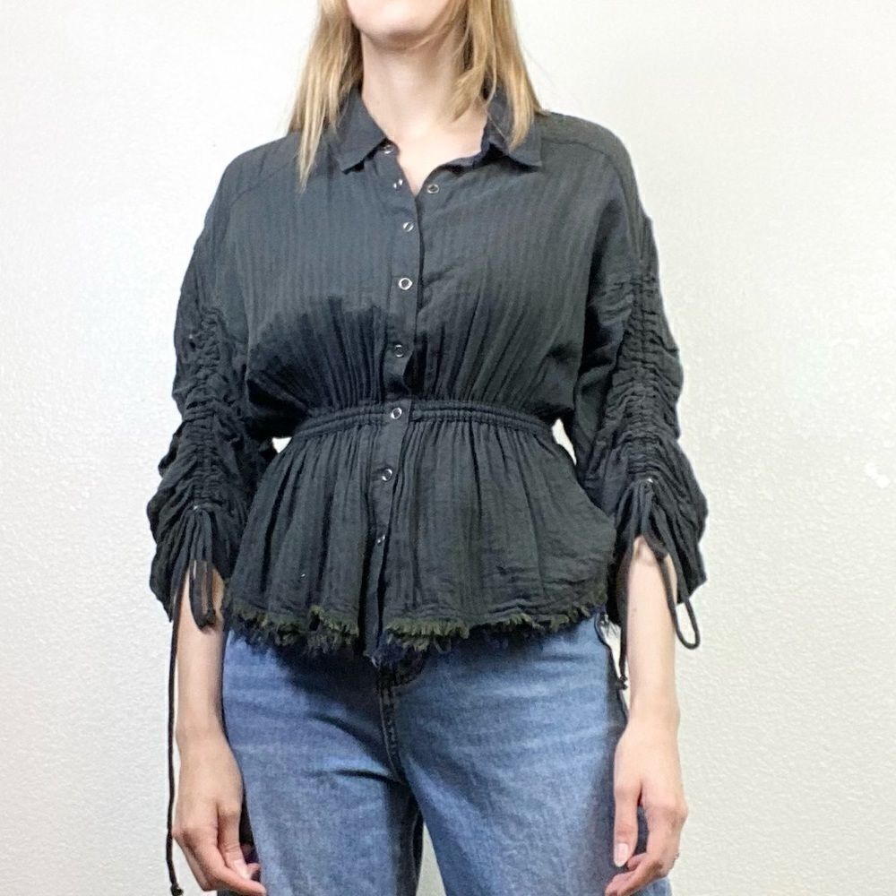 Free People Pacific Dawn Dark Grey Distressed Fitted Waist Scrunched Sleeve Top